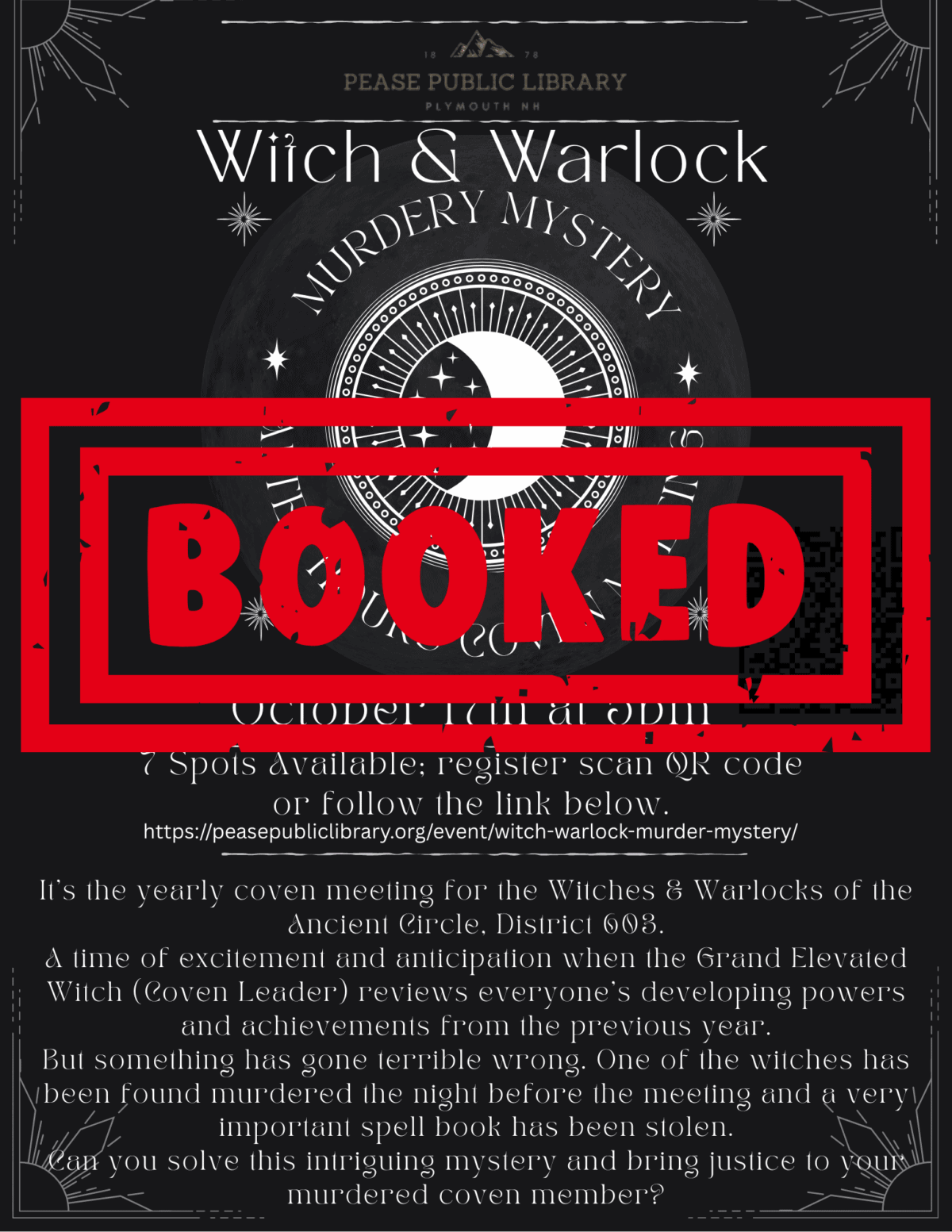 a dark, mystical themed event poster for witch & warlock murder mystery with a large red booked stamp over it, indicating the event is full. the background features witchy art and event details.