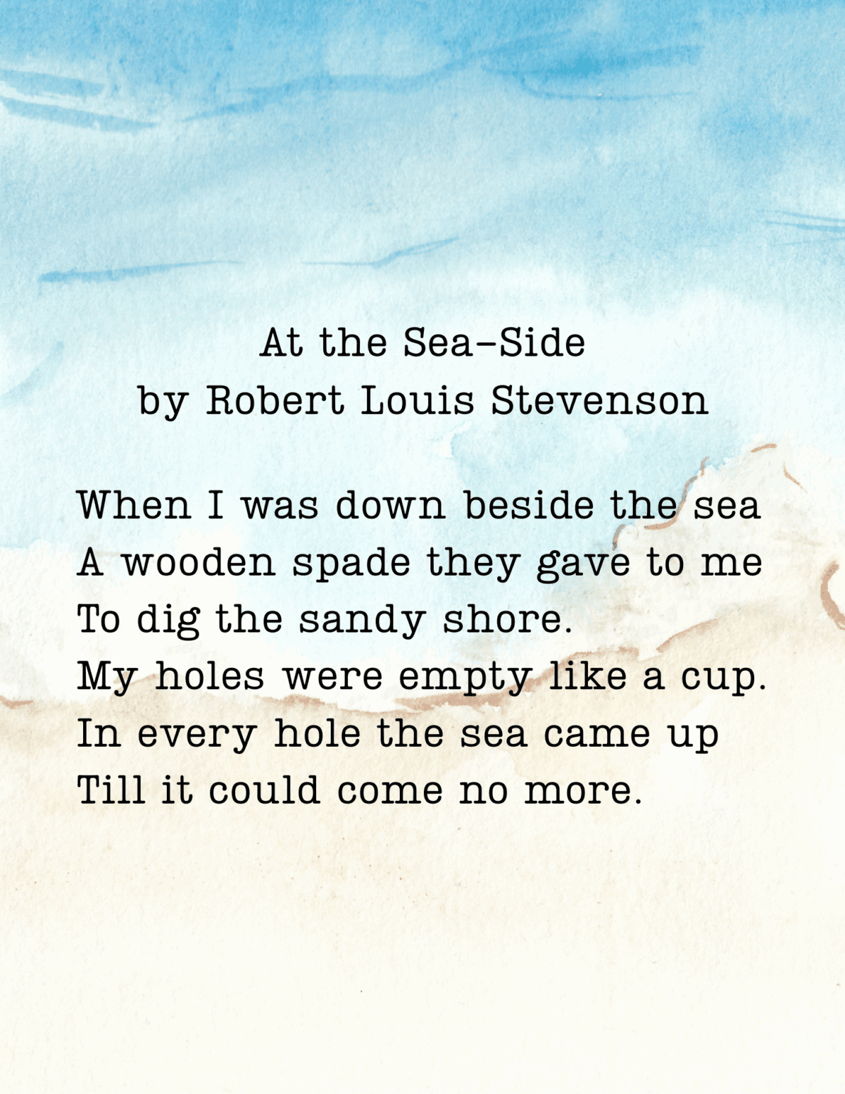 A poem titled At the Sea-Side by Robert Louis Stevenson is displayed on a watercolor background of blue sky and sandy beach. The poem describes digging holes by the sea and watching the waves fill them.