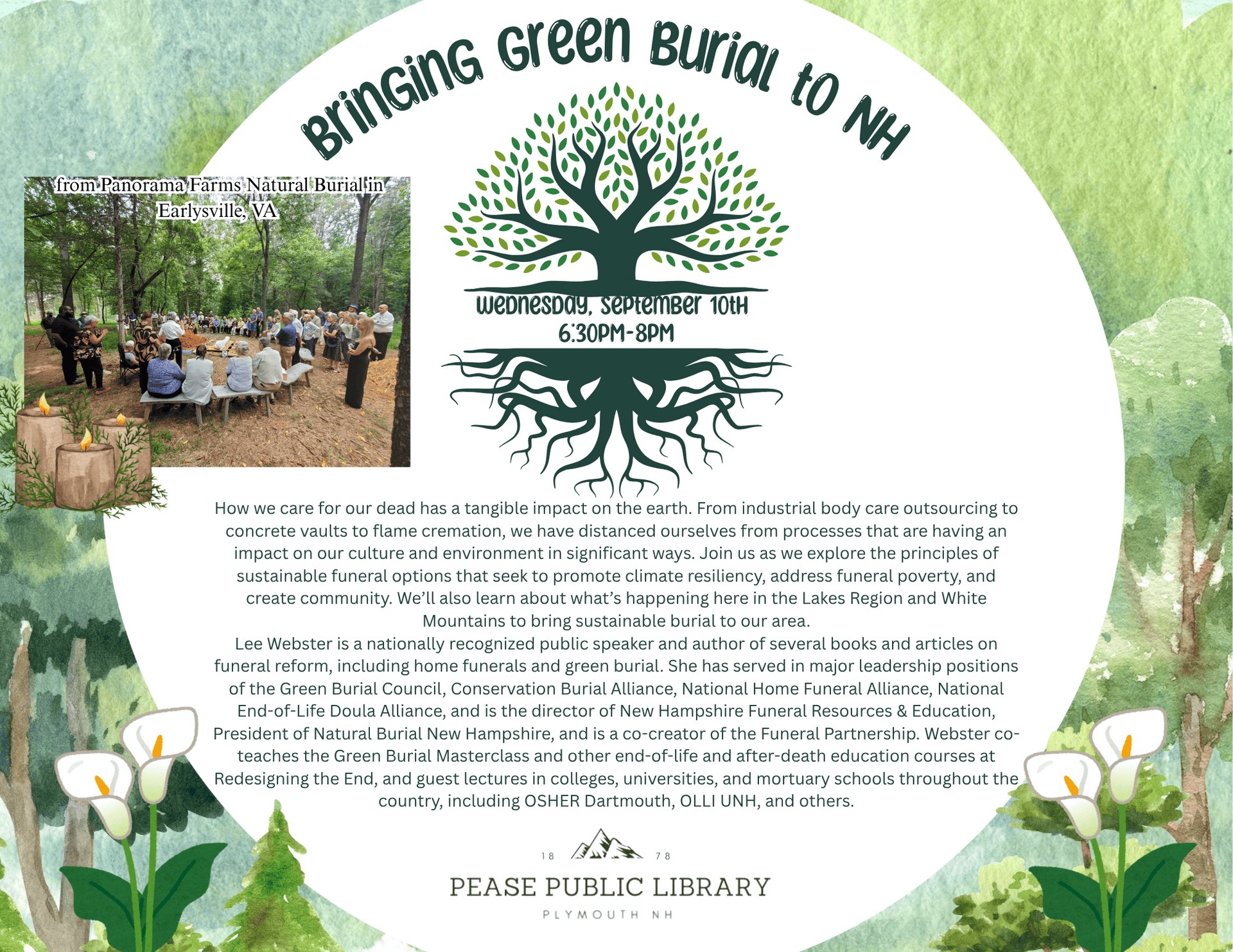 informational flyer for a bringing green burial to nh event at pease public library, featuring a tree graphic, event details, and an outdoor photo of people seated in a circle during a natural burial.