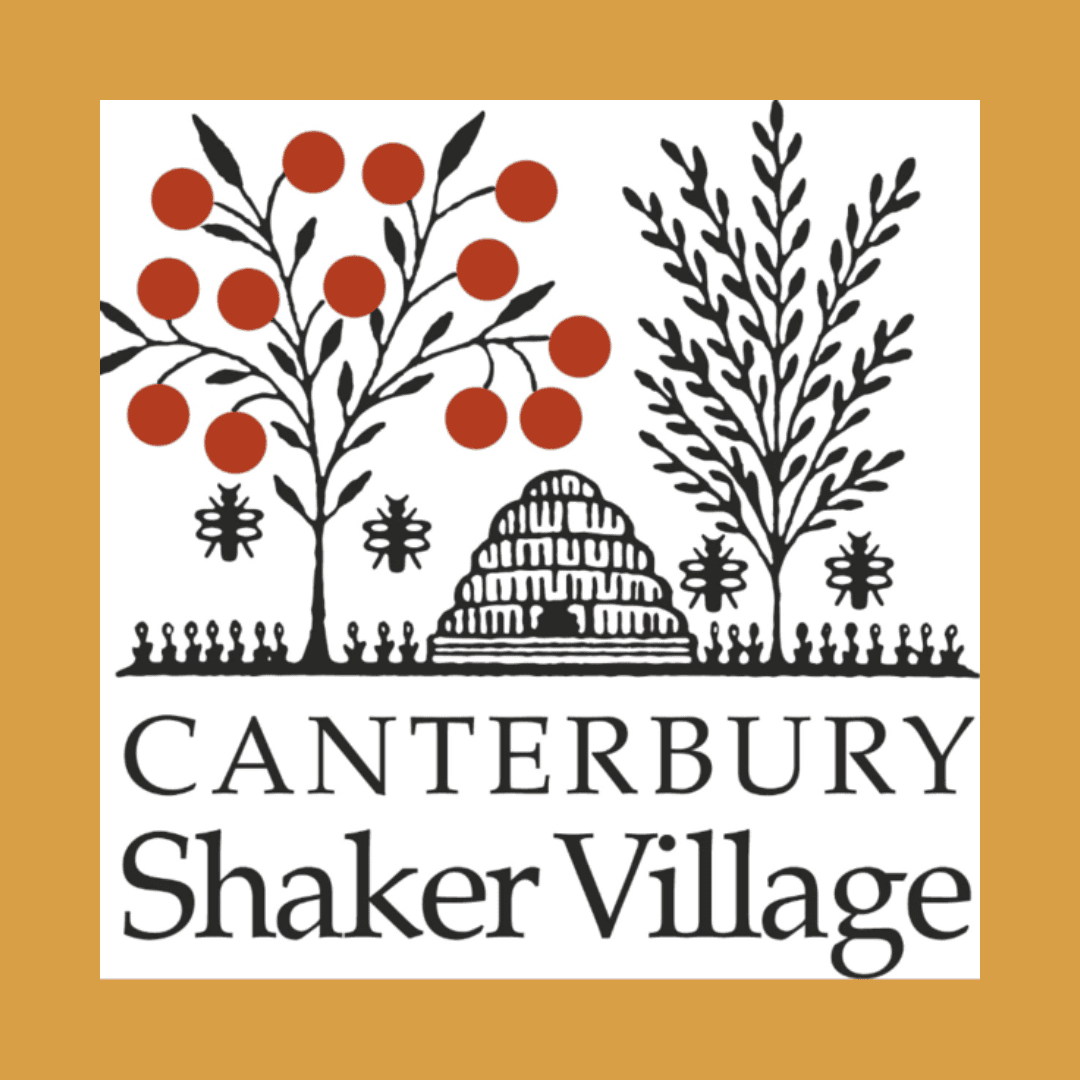 Logo for Canterbury Shaker Village featuring stylized trees with red circles, a central beehive, and decorative elements above the text “Canterbury Shaker Village” on a tan background.