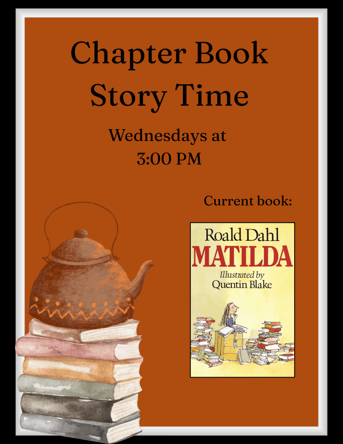 a poster with a teapot on top of a stack of books.