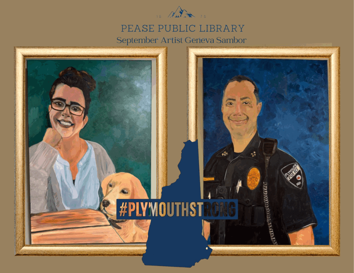 two framed paintings feature a smiling woman with glasses and a dog on the left, and a uniformed police officer on the right. text reads, “pease public library, september artist geneva sambor, #plymouthstrong.”.