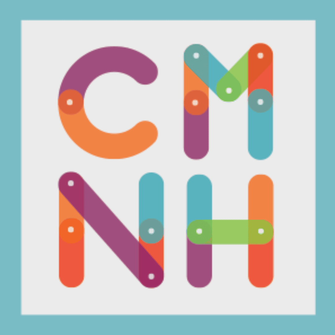 Colorful, geometric letters CMNH arranged in a square grid on a white background with a light blue border. Each letter is made from overlapping shapes in orange, purple, green, and blue tones.