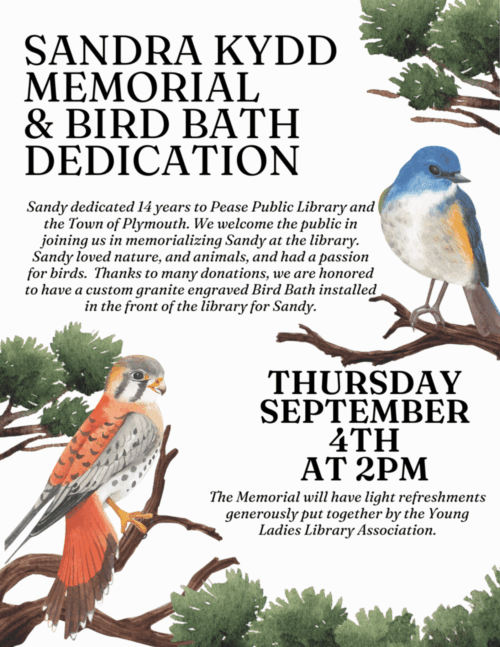 memorial event flyer with illustrations of a bluebird and an american kestrel on branches, honoring sandra kydd with a bird bath dedication at the library, thursday, september 4th at 2pm.