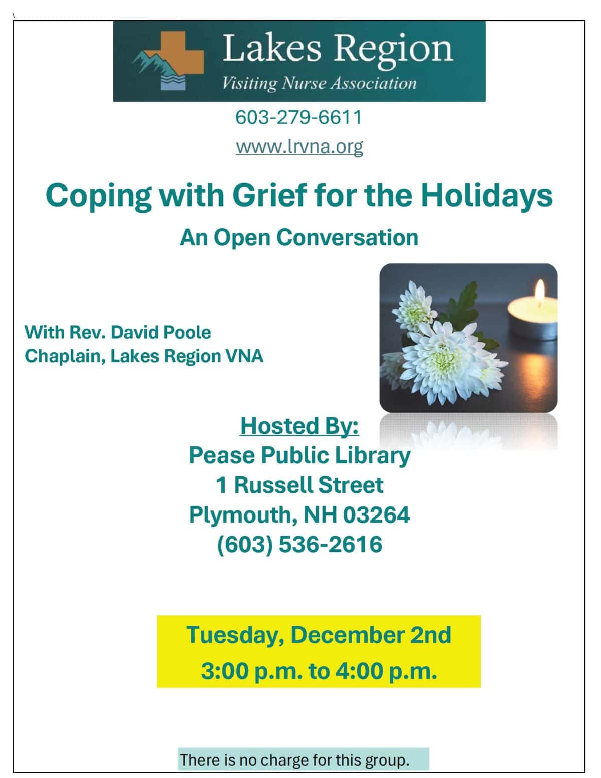 flyer for a grief support event, featuring a white flower and lit candle. details: coping with grief for the holidays, dec 2, 3–4 pm, pease public library, plymouth, nh. hosted by lakes region vna.