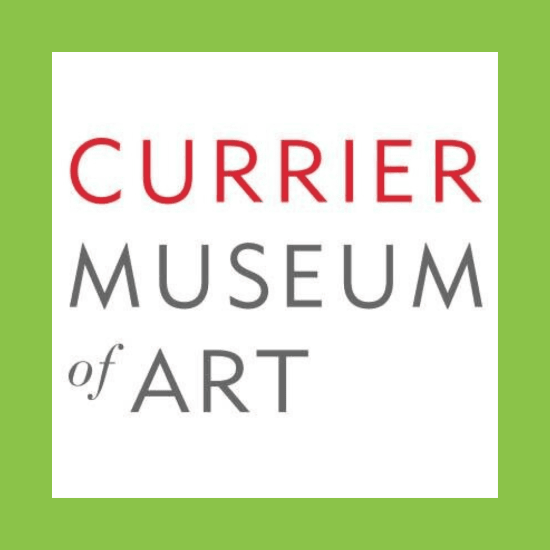 Logo for the Currier Museum of Art with red and gray text on a white background, bordered by a green square.