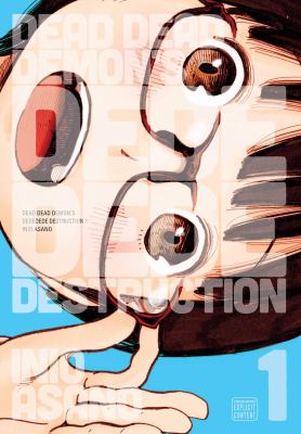 Close-up illustration of a wide-eyed character with glasses and an open mouth. Large, overlapping white text reads “Dead Dead Demons Dededede Destruction” over the artwork. Manga cover by Inio Asano.
