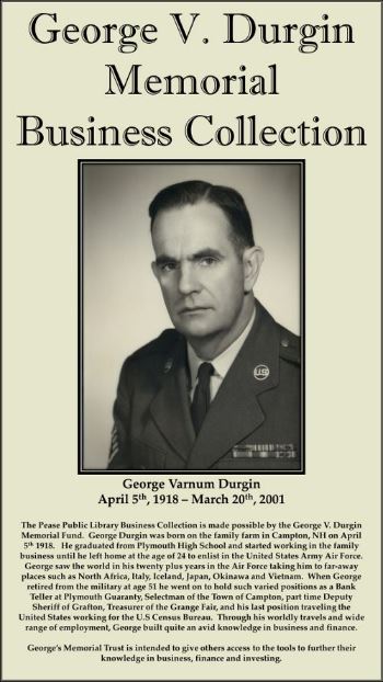 A sepia-toned plaque features a portrait of George V. Durgin in military uniform and describes the George V. Durgin Memorial Business Collection at Pease Public Library, honoring his life, career, and contributions.