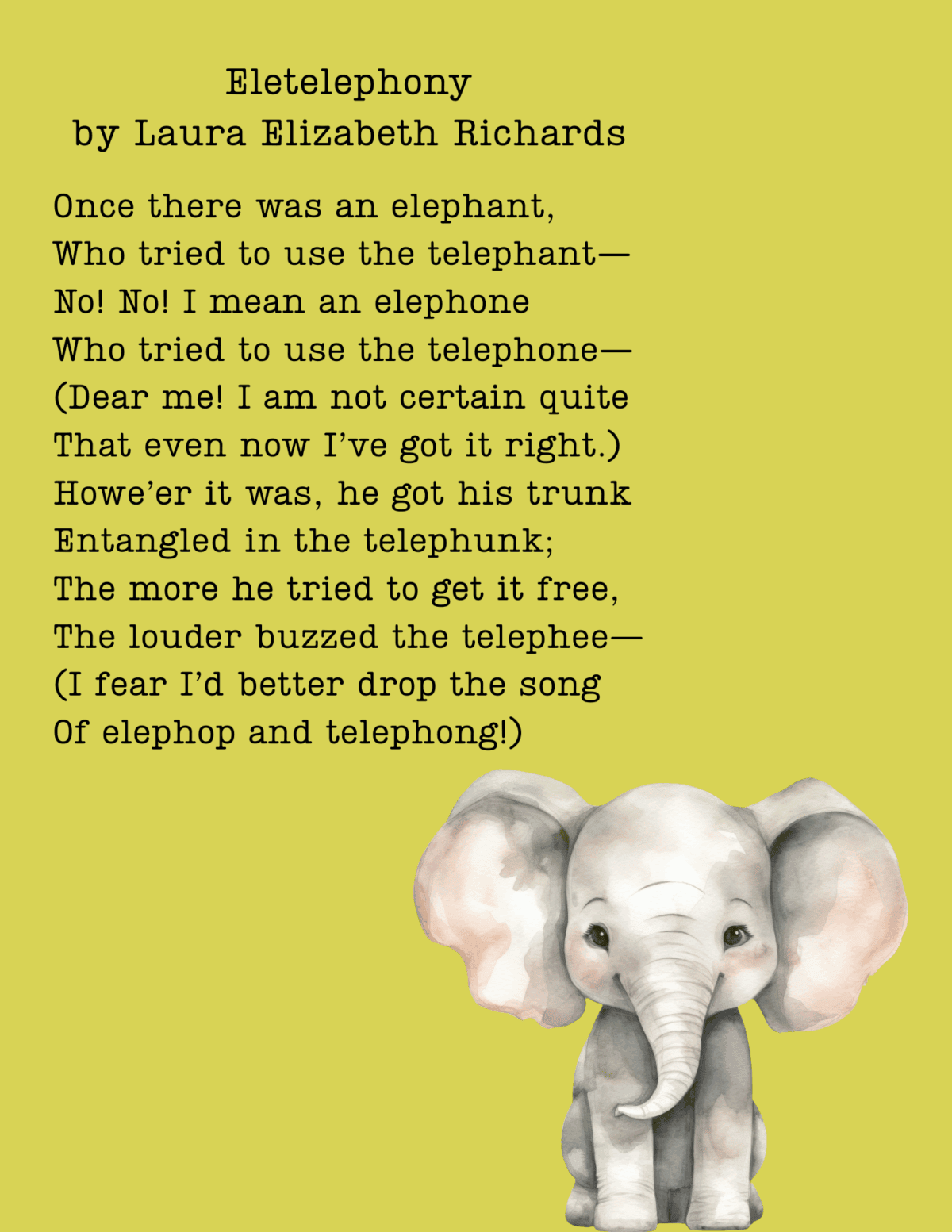 a poem titled eletelephony by laura elizabeth richards is displayed on a yellow background with a cute, illustrated baby elephant sitting at the bottom right corner.