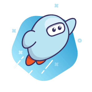 A cartoon character resembling a blue, rounded figure with orange feet and a mask is flying upward on a blue background with white streaks and abstract shapes.