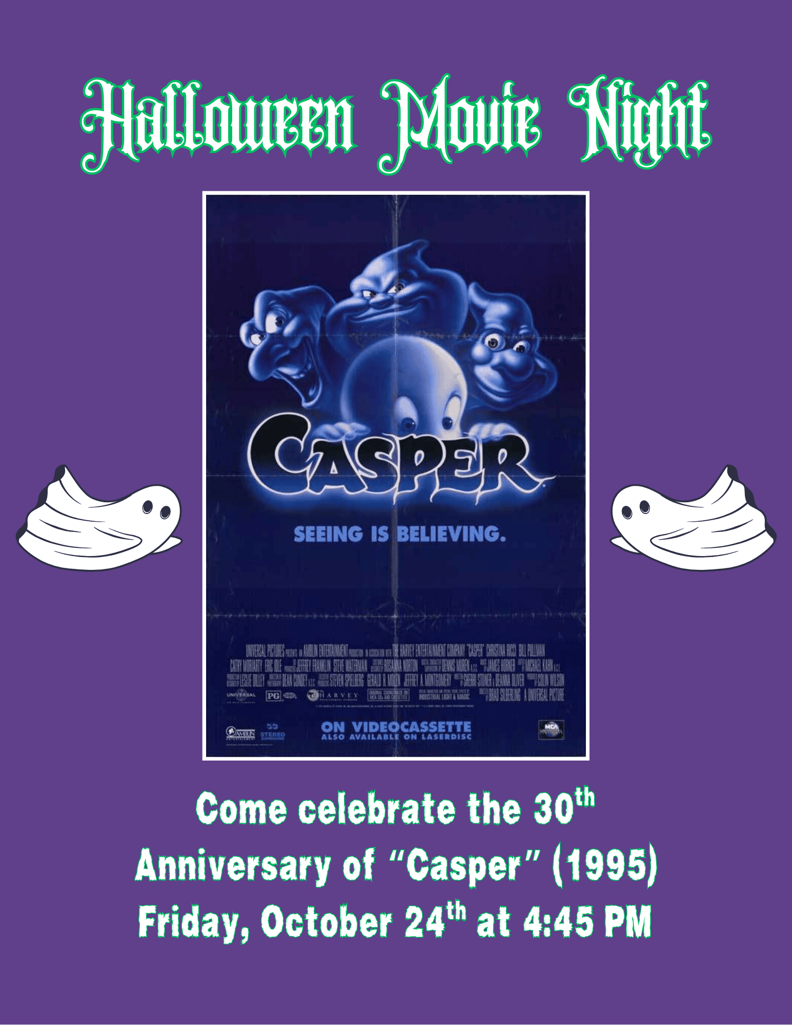 purple halloween movie night flyer with cartoon ghosts and the movie poster for casper. text invites to celebrate the 30th anniversary of casper on friday, october 24th at 4:45 pm.