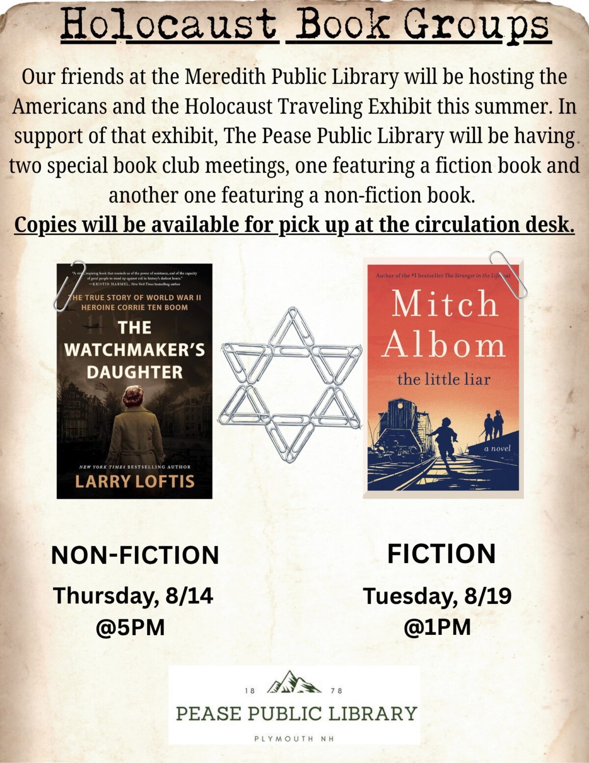flyer for holocaust book groups at pease public library, featuring two book covers: the watchmaker’s daughter (non fiction) and the little liar (fiction), with event details and a star of david symbol in the center.