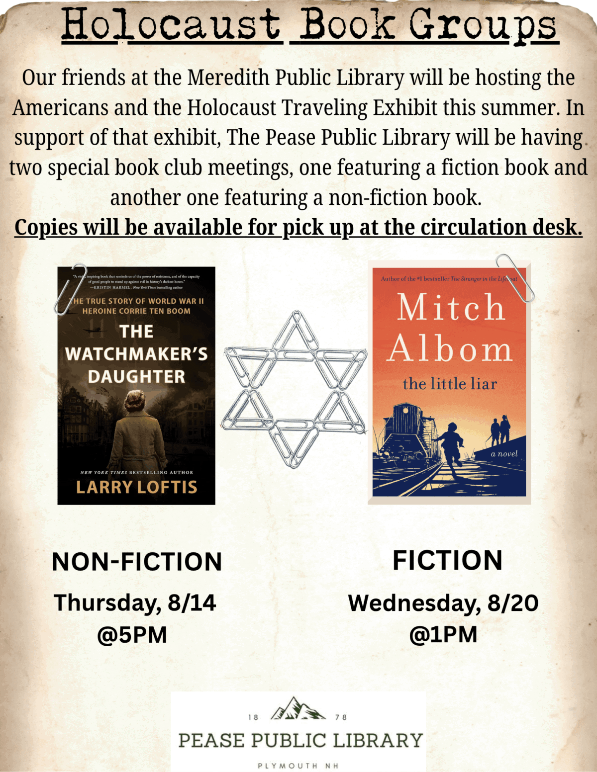 Flyer for Holocaust Book Groups at Pease Public Library. Features images of two book covers, event dates/times (non-fiction: 8/14 at 5PM; fiction: 8/20 at 1PM), and a Star of David graphic. Copies available at the circulation desk.