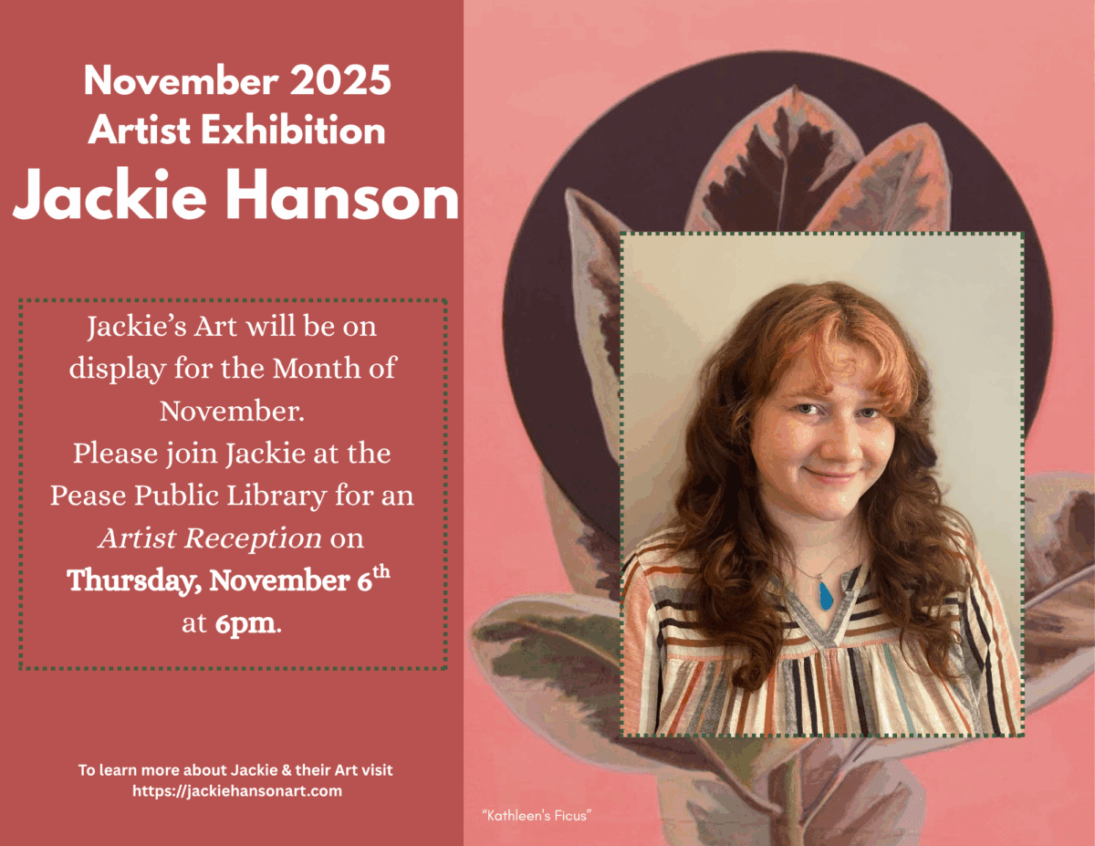 event flyer for the november 2025 artist exhibition featuring jackie hanson. includes artist’s portrait, text about the exhibit and artist reception on november 6th at 6pm, and a background with a floral painting.