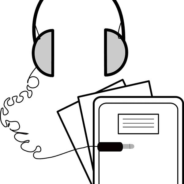 A drawing of headphones connected by a cord to a stack of papers and a book, suggesting the concept of audiobooks or listening to study materials.