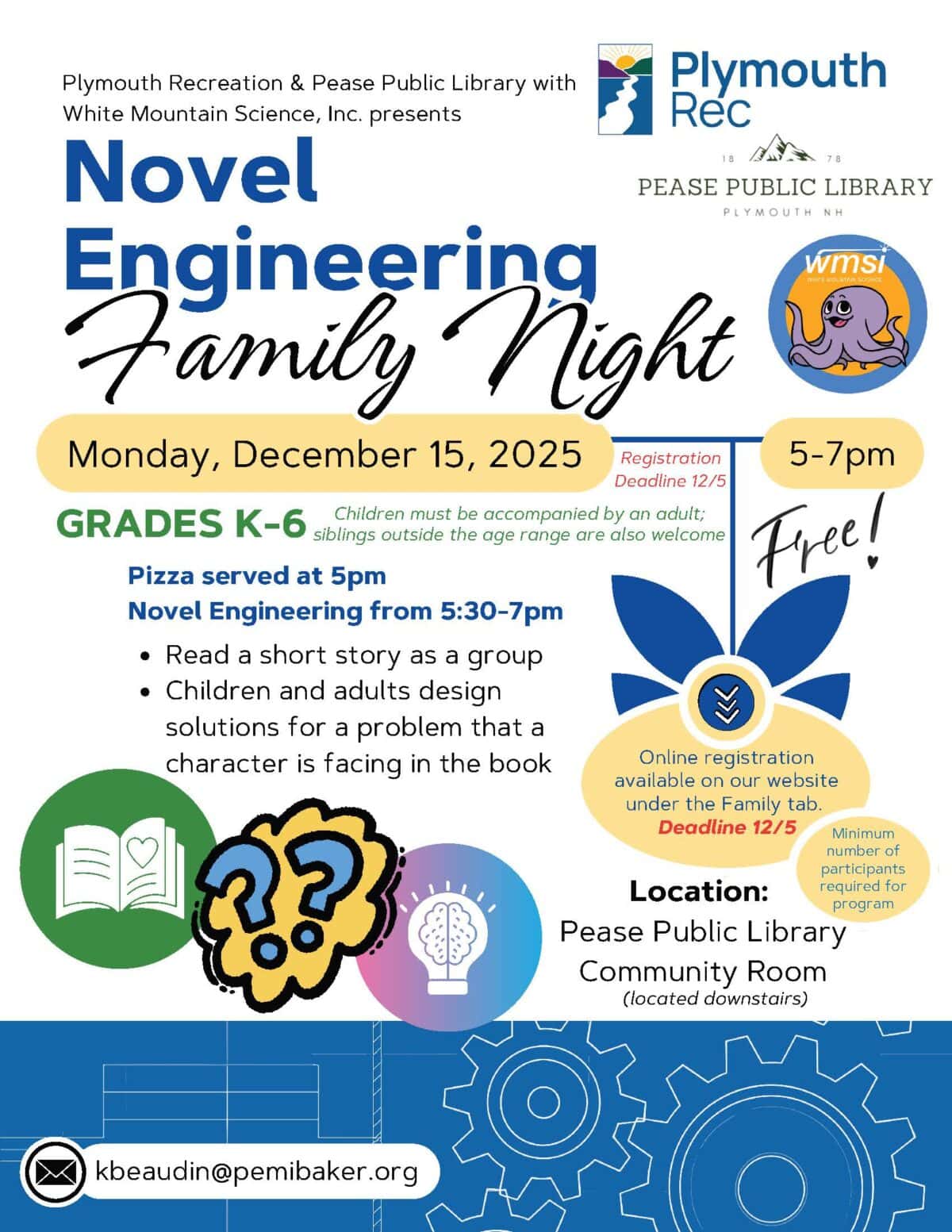 flyer for novel engineering family night on monday, december 15, 2025, 5 7pm at pease public library for grades k 6. pizza at 5pm, engineering session from 5:30 7pm. online registration is required.