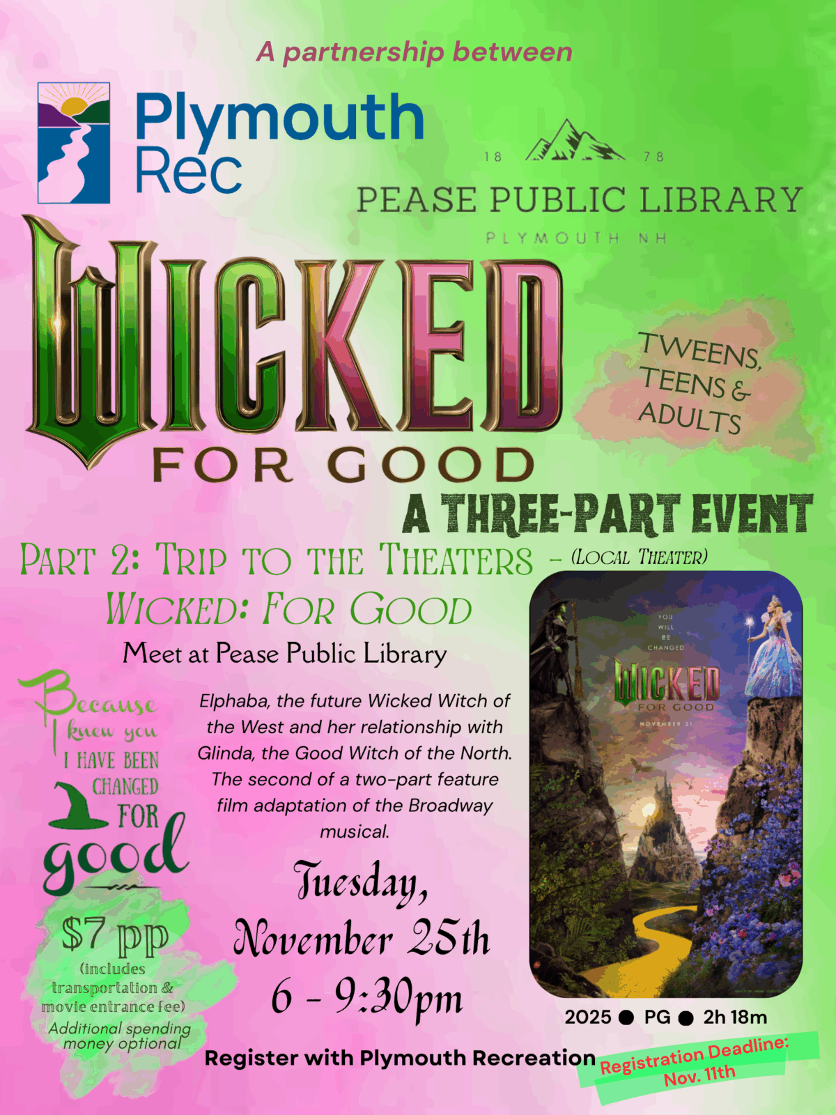 colorful event poster featuring wicked for good, a theater trip hosted by plymouth rec & pease public library on nov 28, 6–9:30pm. includes event details, pricing, registration info, and an image from the musical wicked.