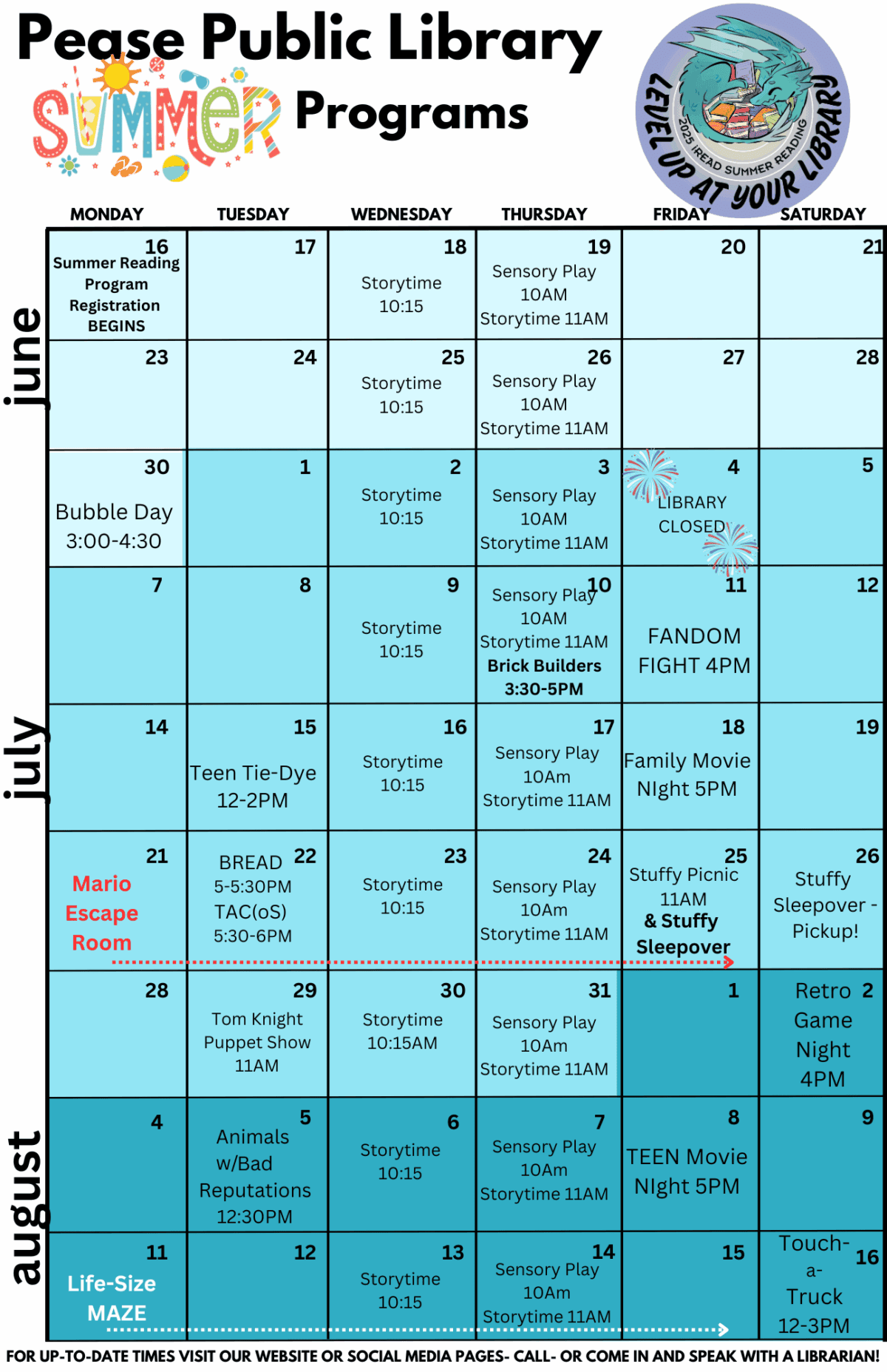 Calendar of Pease Public Library summer programs for June-August, showing daily activities like storytime, sensory play, LEGO club, Mario Escape Room, puppet shows, FANDOM, movie nights, family sleepover, and summer reading events.