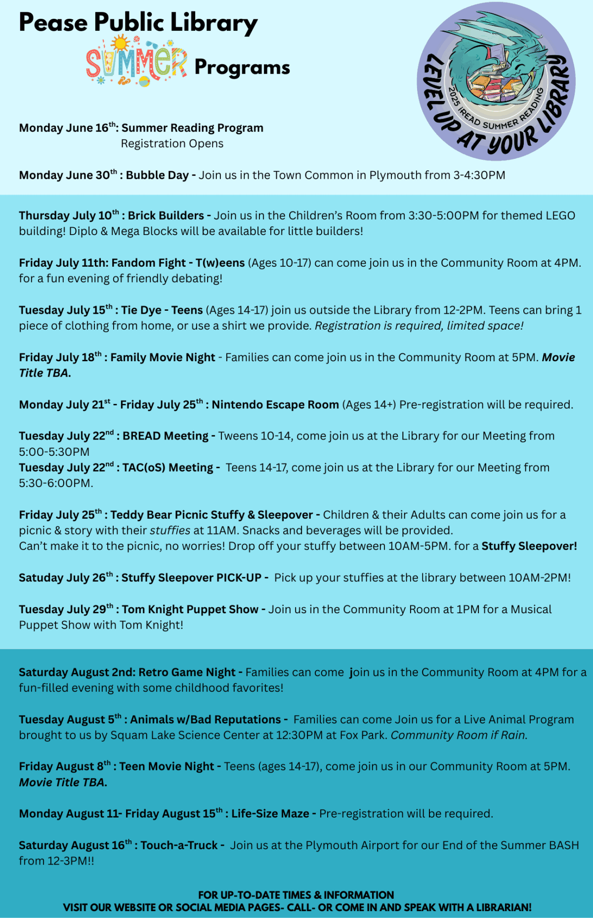 A colorful flyer for the Pease Public Library Summer Programs lists events with dates, times, brief descriptions, and a summer-themed logo with an owl. Registration details and program highlights are included.