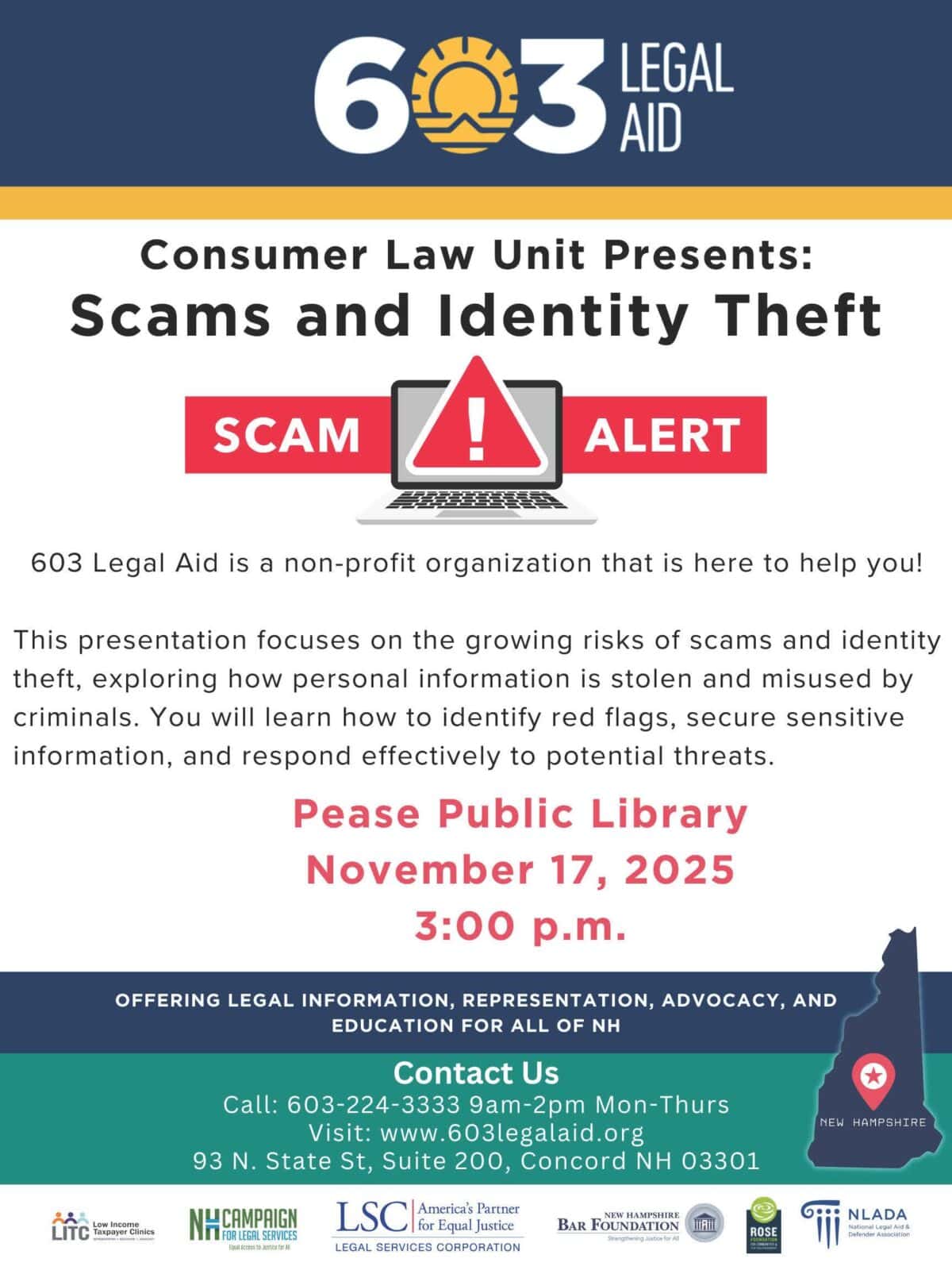 a flyer for a scams and identity theft event by 603 legal aid at pease public library on november 17, 2025, at 3 pm. includes details about the event, contact info, and a red scam alert graphic.