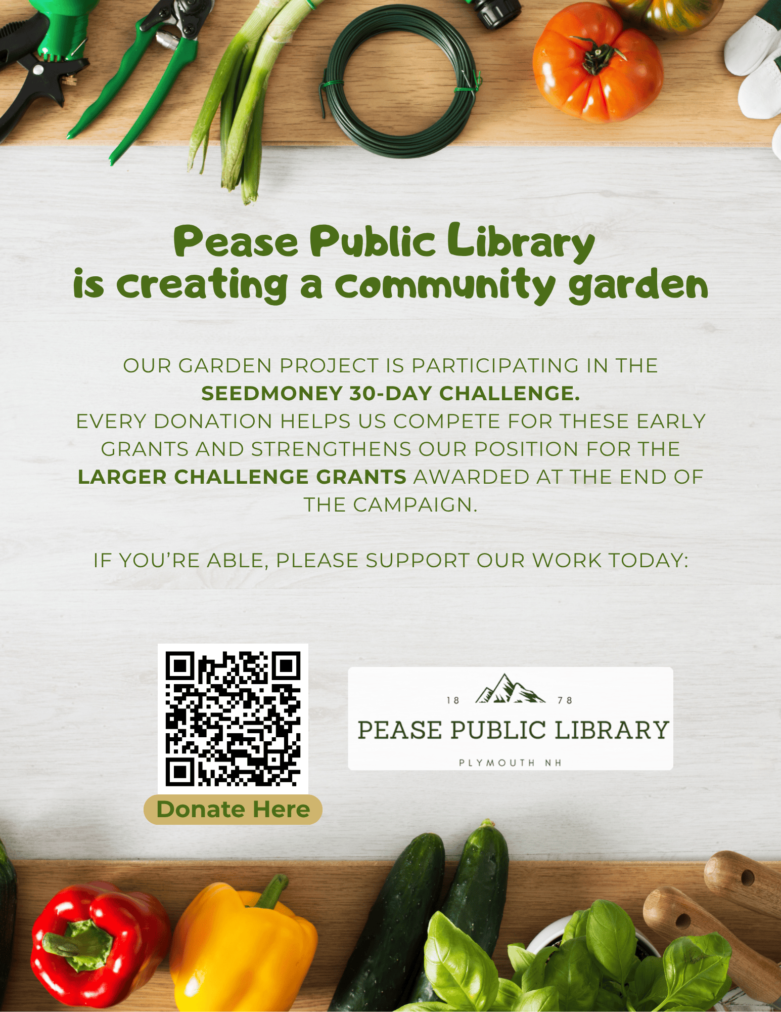 flyer for community garden library fundraiser