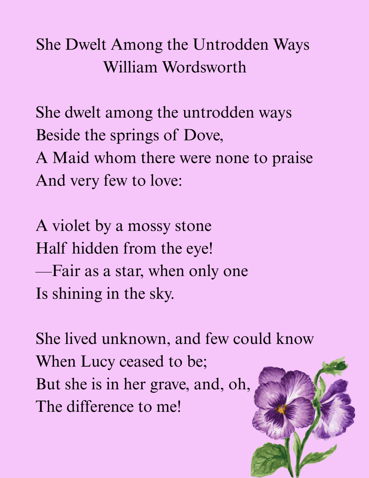 a poem titled she dwelt among the untrodden ways by william wordsworth is displayed on a lavender background with a purple pansy in the bottom right corner.
