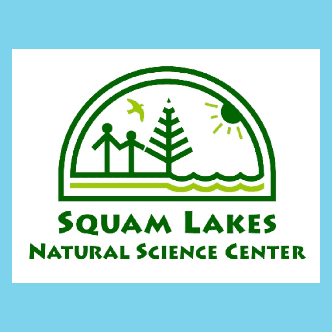 Logo for Squam Lakes Natural Science Center featuring two stick figures, a bird, a pine tree, water waves, and a sun within a semicircle. Text below reads Squam Lakes Natural Science Center.