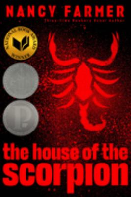 Book cover for The House of the Scorpion by Nancy Farmer, featuring a large red scorpion on a black background with gold and silver award seals and bold red and yellow text.