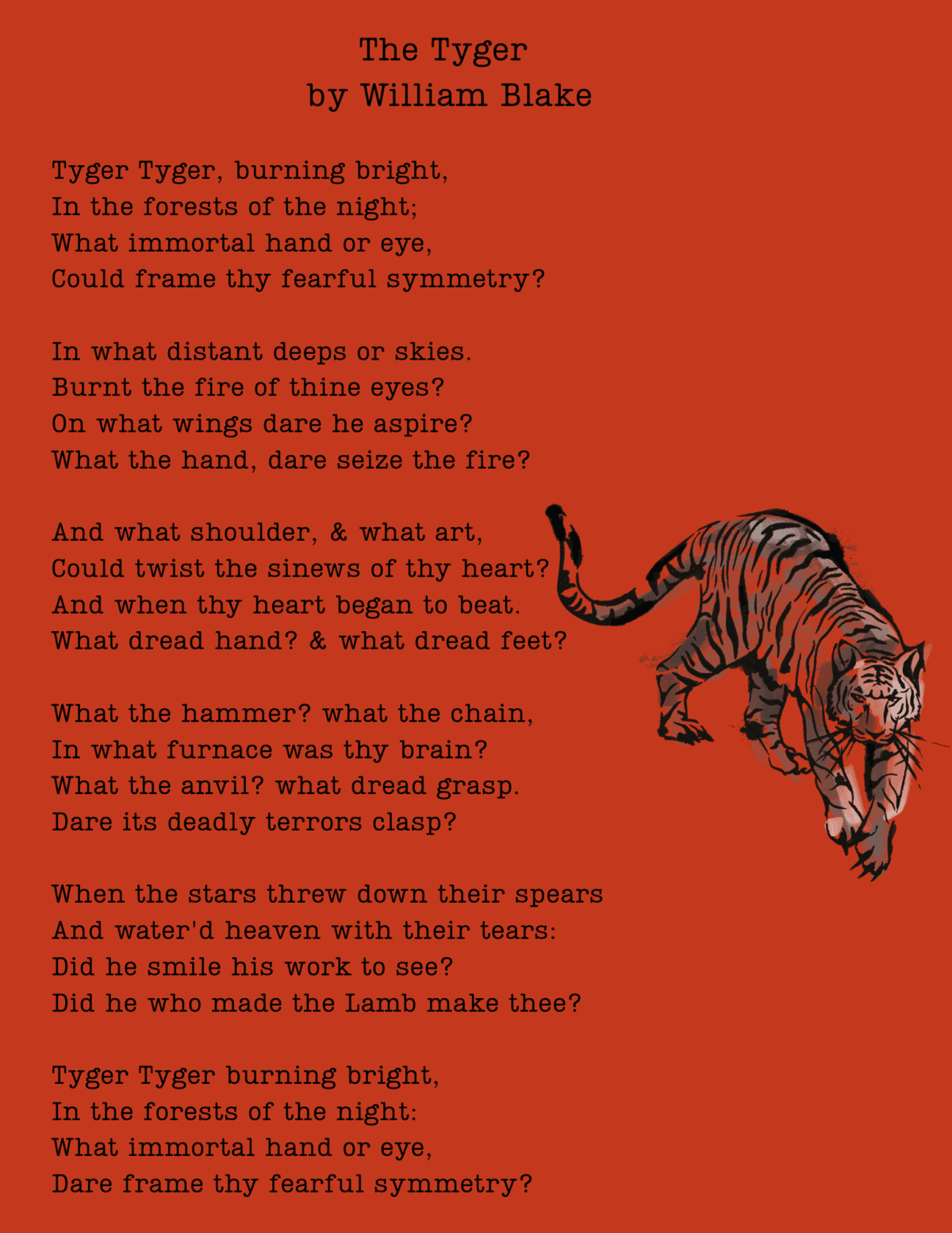 a poem titled the tyger by william blake is displayed in black text on a red background, accompanied by an illustrated tiger with orange and black stripes, standing on all fours in the bottom right corner.