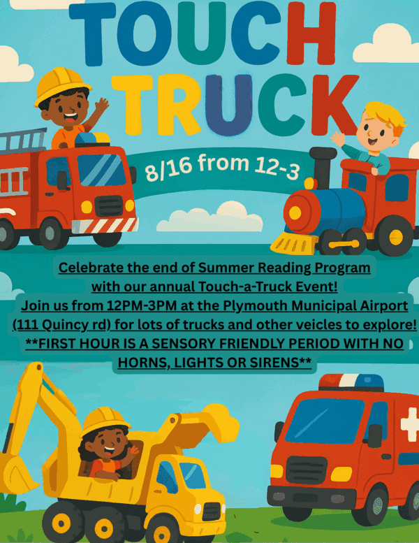 colorful flyer for a touch a truck event on 8/16 from 12–3 at plymouth municipal airport. features cartoon kids with a firetruck, digger, and helicopter. first hour is sensory friendly with no horns, lights, or sirens.