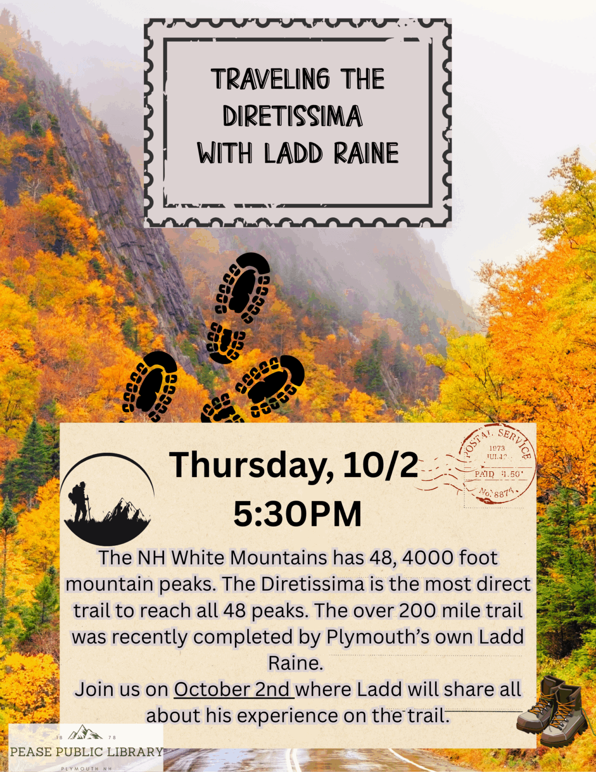 a flyer with fall foliage and mountains promotes “traveling the direttissima with ladd raine,” an event on thursday, 10/2 at 5:30 pm at pease public library about hiking all 48 nh white mountain peaks.