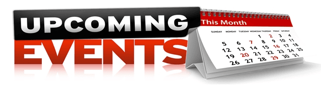 A 3D graphic with the words UPCOMING EVENTS next to a standing calendar labeled This Month, showing dates in red and black.