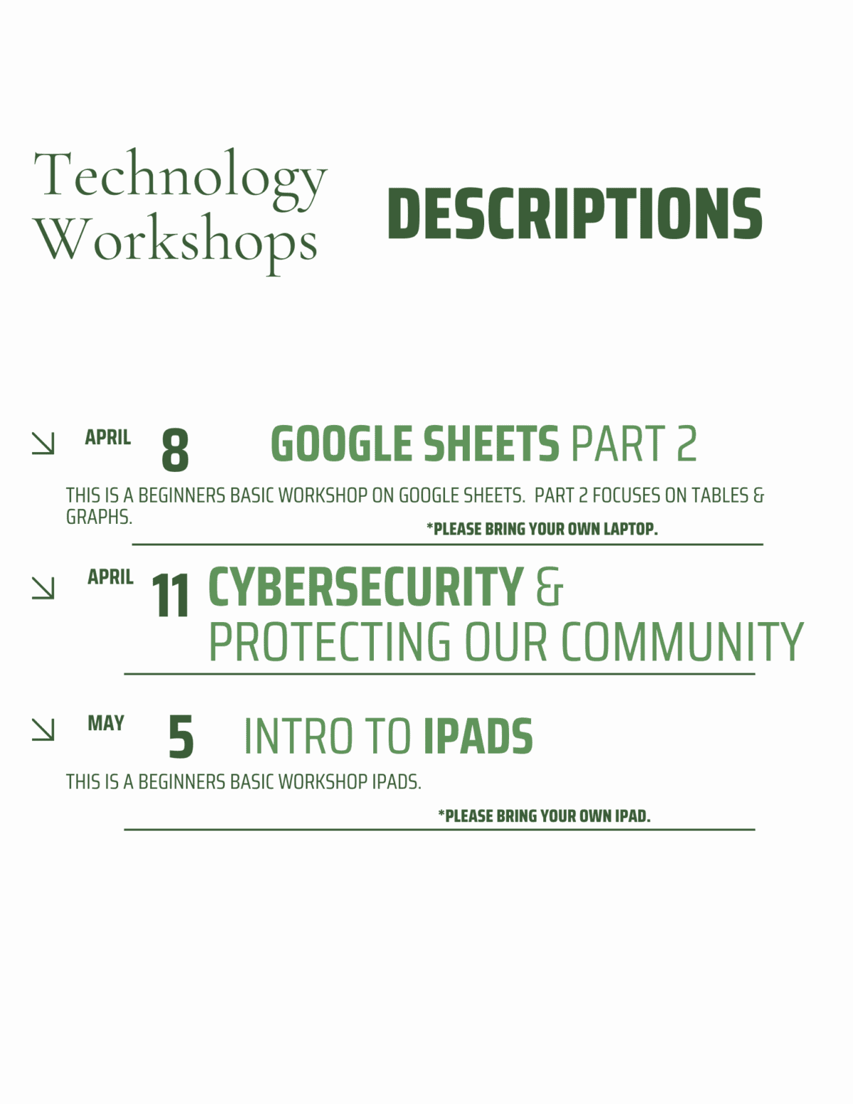 A flyer titled Technology Workshops Descriptions lists three workshops: Google Sheets Part 2 on April 8, Cybersecurity & Protecting Our Community on April 11, and Intro to iPads on May 5, with brief details and reminders.
