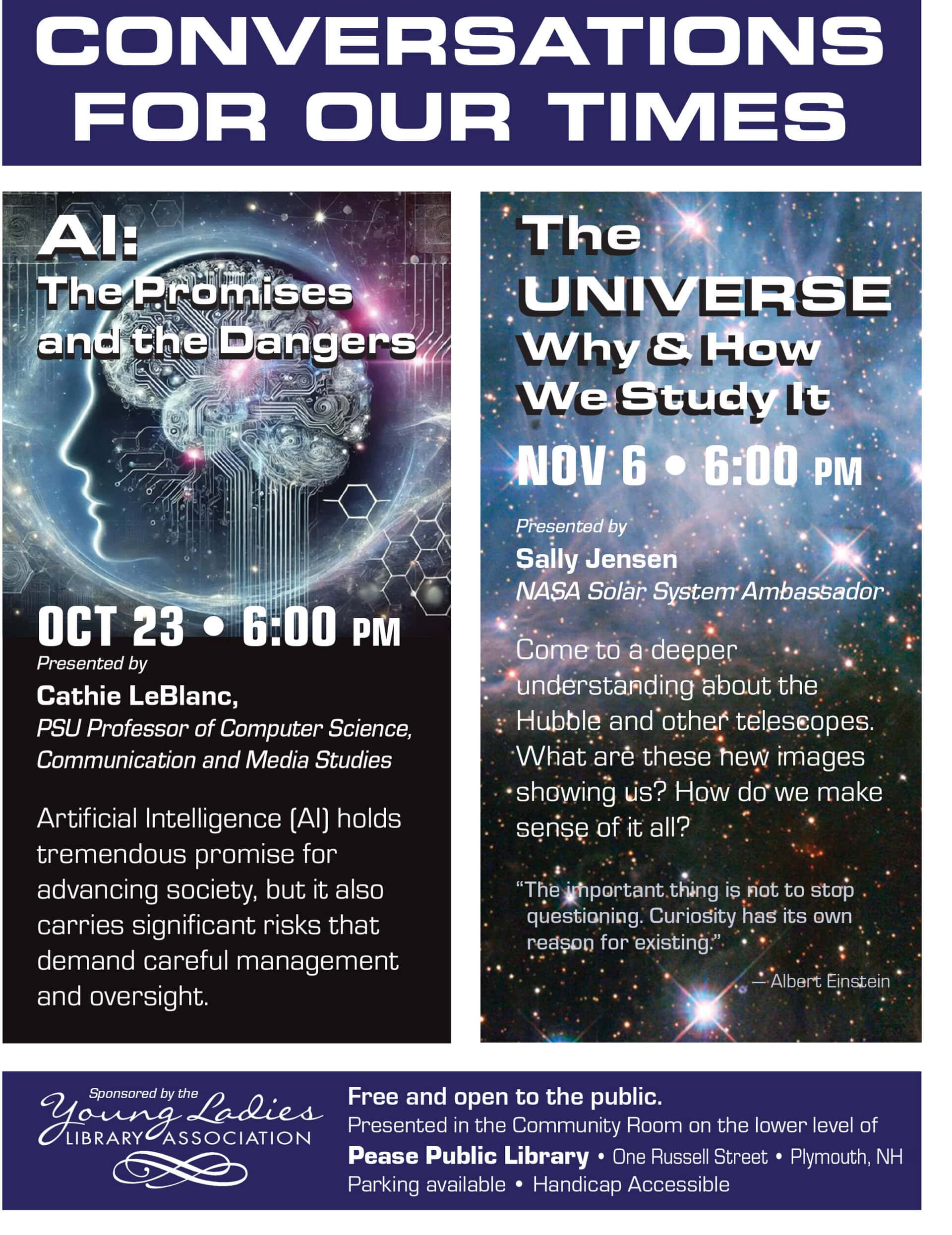 poster for public library events titled conversations for our times. topics: “ai: the promises and the dangers” on oct 23, and “the universe: why & how we study it” on nov 6. event info and details included.
